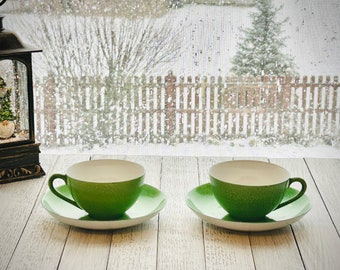 Set of 2 Vintage MEITO CHINA Hand Painted Jade Green Speckled Fine China Tea Coffee Cup and Saucer Set Made In Japan 1950s, 8 Oz