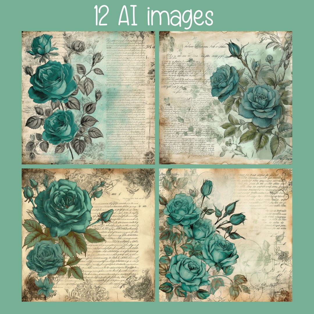 Teal Roses Digital Digital Watercolor Image Teal Roses on Antique Paper, Created With AI ...