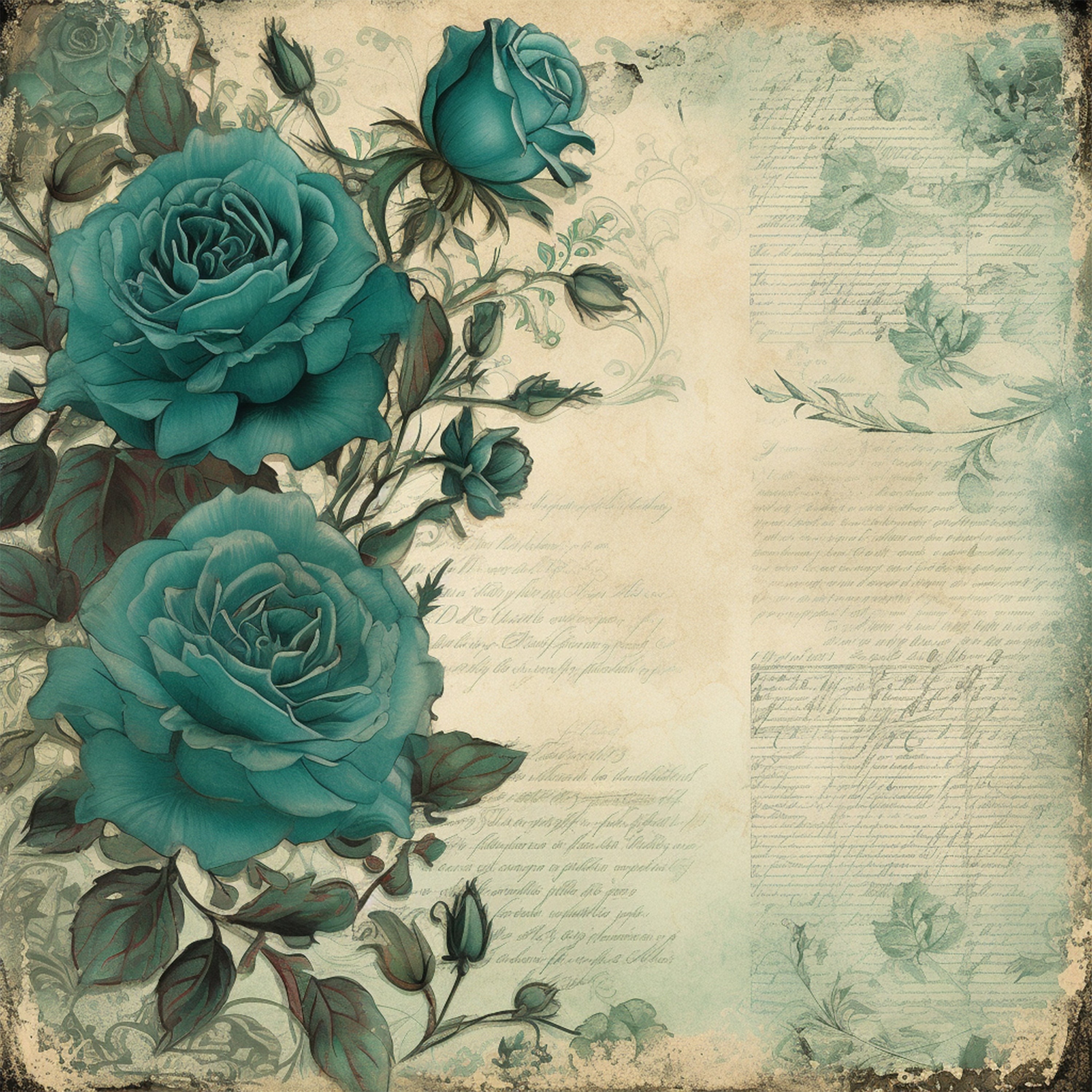 Teal Roses Digital Digital Watercolor Image Teal Roses on Antique Paper, Created With AI ...