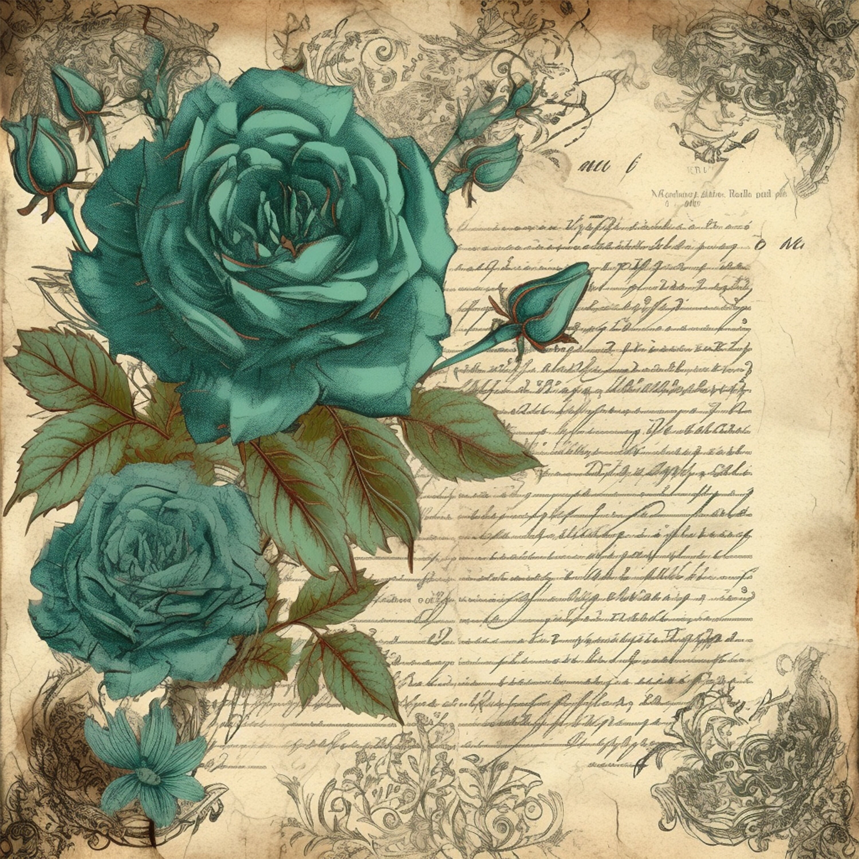 Teal Roses Digital Digital Watercolor Image Teal Roses on Antique Paper, Created With AI ...