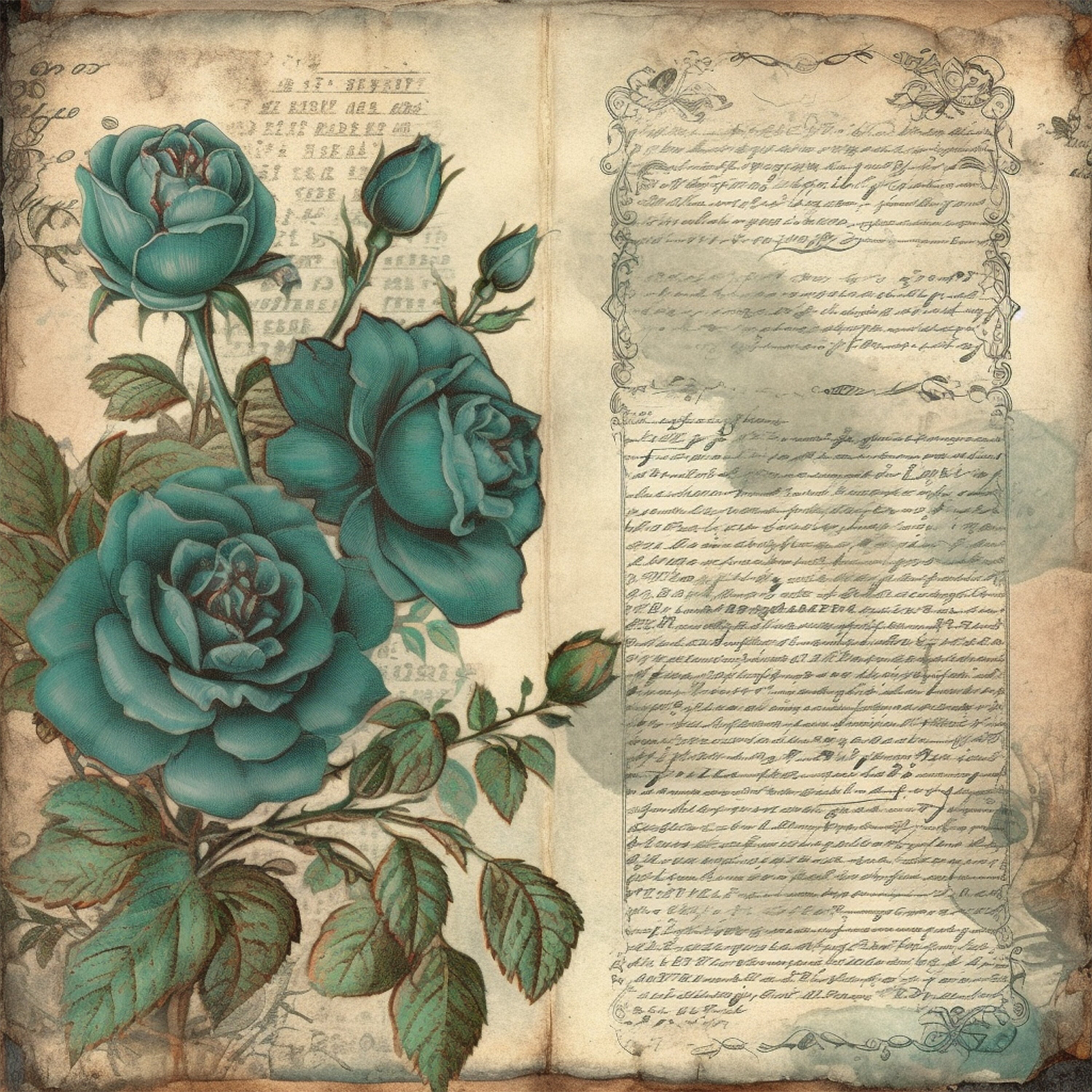 Teal Roses Digital Digital Watercolor Image Teal Roses on Antique Paper, Created With AI ...