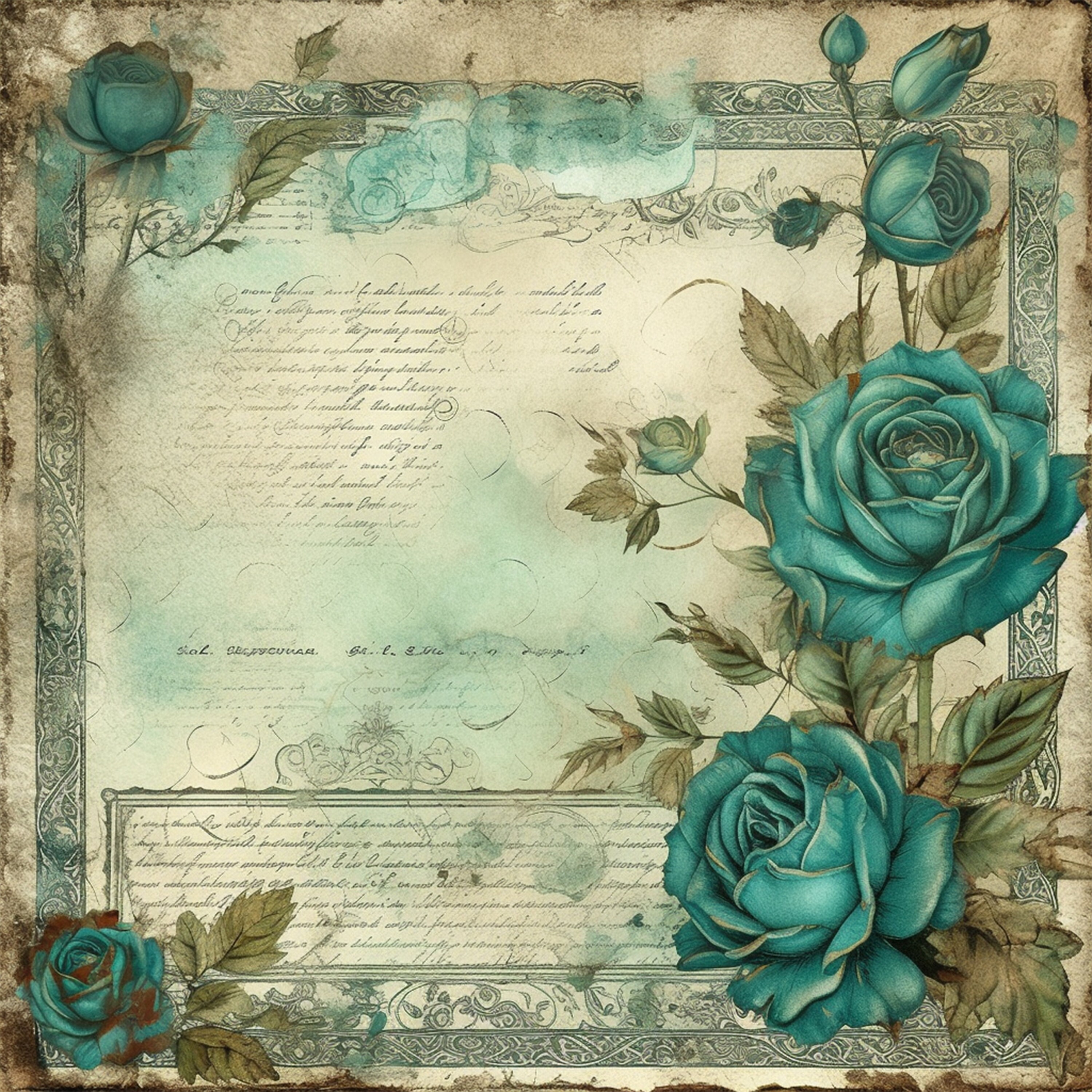 Teal Roses Digital Digital Watercolor Image Teal Roses on Antique Paper, Created With AI ...