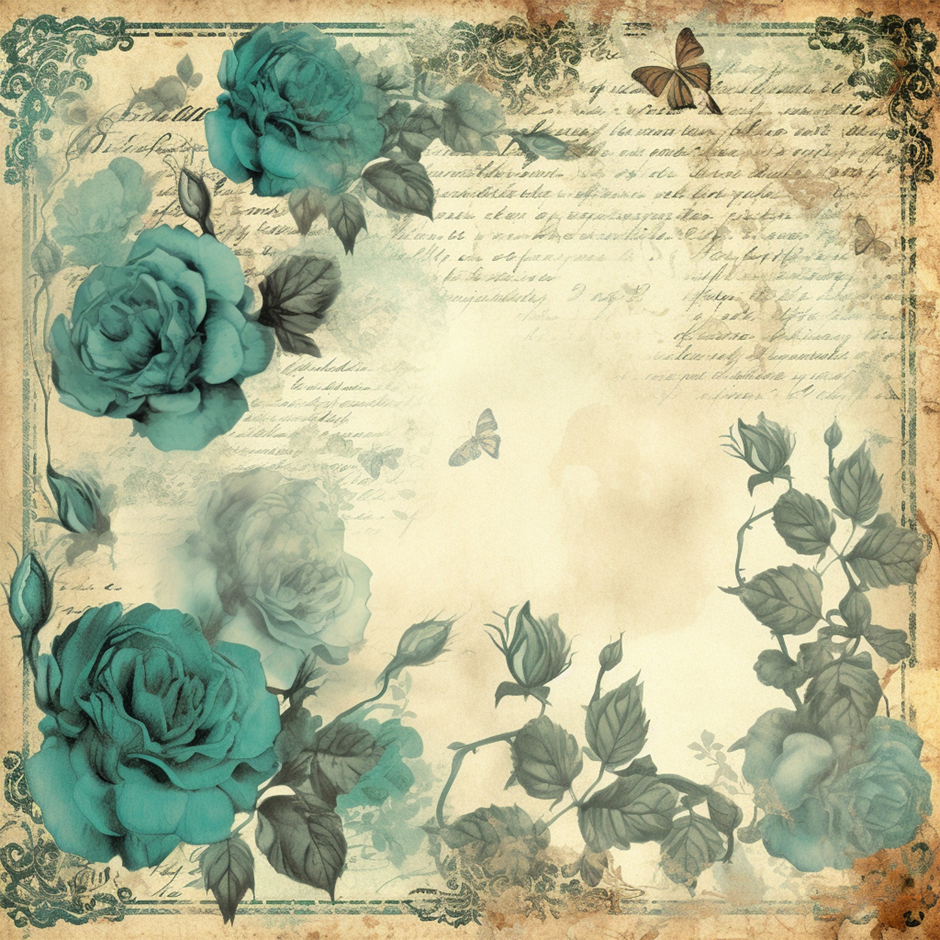 Teal Roses Digital Digital Watercolor Image Teal Roses on Antique Paper, Created With AI ...