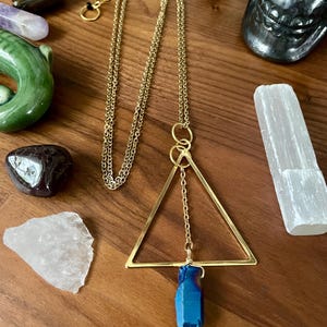 Celestial Sapphire Luster Quartz Gold Tone Triangle Pendant Statement Necklace | Nickel Free Hypoallergic chains | Witchy Boho Necklace