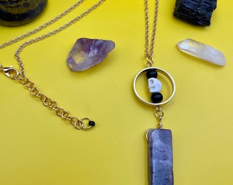 Amethyst Skull Statement Necklace: Gold Tone Boho Witchy Jewelry