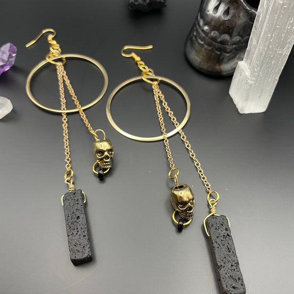 Black lava rock and golden skull statement earrings | Witchy earrings | Boho earrings | Nickel Free Hypoallergic plated steel ear wires