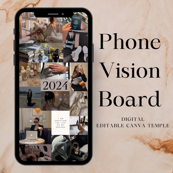 Digital Vision Board Phone CANVA template Wallpaper, Editable 2024 Vision Board, Manifest 2024, Picture/Image Vision Board, IPhone Wallpaper