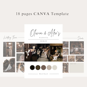 May include: A wedding mood board with a color palette of black, brown, gray, and beige. The board includes photos of a couple, a wedding venue, and wedding decor. The text "Olivia & Alex's Wedding 02.08.24" is at the top of the board.