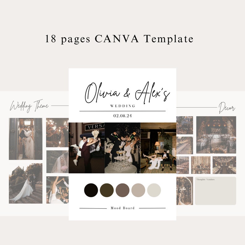May include: A wedding mood board with a color palette of black, brown, gray, and beige. The board includes photos of a couple, a wedding venue, and wedding decor. The text "Olivia & Alex's Wedding 02.08.24" is at the top of the board.