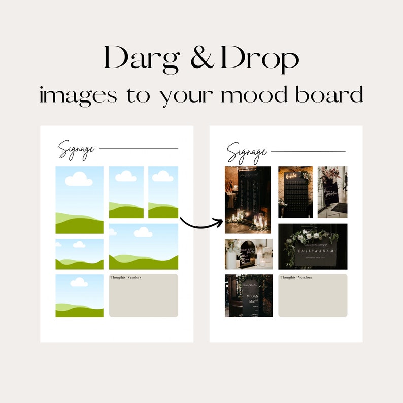 May include: A mood board template for wedding signage with a black and white photo collage on the right side and a blank template on the left side. The template has six spaces for images with a green grass and blue sky background. The text "Signage" is at the top of both sides of the template.