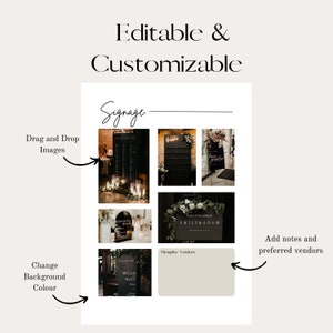 May include: A printable template for wedding signage with a black and white color scheme. The template includes a section for a seating chart, a welcome sign, a sign for the couple's names, and a section for vendor information. The template is customizable and allows users to drag and drop images and change the background color.