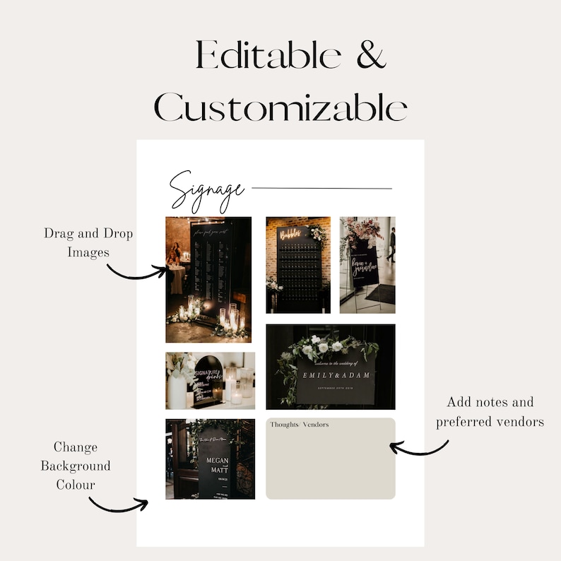 May include: A printable template for wedding signage with a black and white color scheme. The template includes a section for a seating chart, a welcome sign, a sign for the couple's names, and a section for vendor information. The template is customizable and allows users to drag and drop images and change the background color.