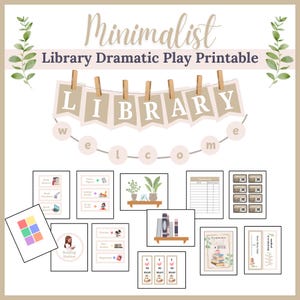 以下が含まれることがあります： 図書館をテーマにした劇的遊びの小道具の印刷可能なセット。セットには、「LIBRARY」と書かれたバナー、ウェルカムサイン、本の貸出カード、読書ステーションのサインなどが含まれています。セットは、ベージュとブラウンのカラーパレットでミニマルなスタイルでデザインされています。