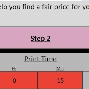 Könnte beinhalten: Eine Tabelle zur Berechnung des Preises für 3D-gedruckte Produkte. Die Tabelle enthält Felder für Drucktyp, Druckzeit (Tage, Stunden, Minuten) und Gramm pro Einheit. Die Texte "Schritt 1", "Schritt 2" und "Schritt 3" sind sichtbar.