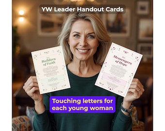 Pode incluir: Uma mulher sorri, segurando dois cartões. Os cartões dizem "Builders of Faith" e "Messengers of Hope" com detalhes florais. O texto "YW Leader Handout Cards" está no topo. O texto inferior diz "Touching letters for each young woman."