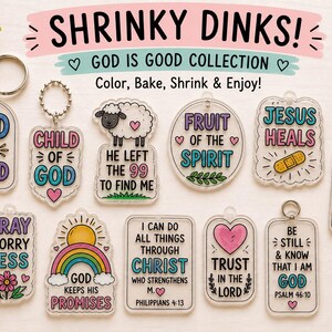 Puede incluir: Una colección de dijes de acrílico transparente Shrinky Dinks con textos e ilustraciones religiosas que incluyen una oveja, un arcoíris, una cruz y corazones. El texto incluye frases como God Is Good, Child of God y Jesus Heals.
