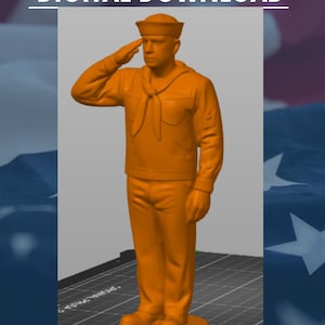 Peut inclure: Modèle 3D imprimé en orange d'un marin saluant. Le modèle est debout sur une base circulaire. Le modèle est devant un fond quadrillé. STL FILE