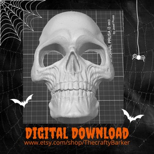 May include: A 3D printed white skull model, printed on an Original Prusa i3 MK3 3D printer. The skull is on a black and white grid background with a spider web pattern.