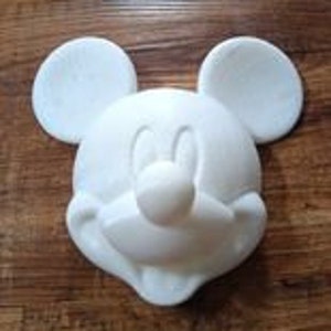 May include: White plastic mold of Mickey Mouse's head, featuring his signature ears, nose, and smile. This mold is perfect for creating custom crafts or decorations.