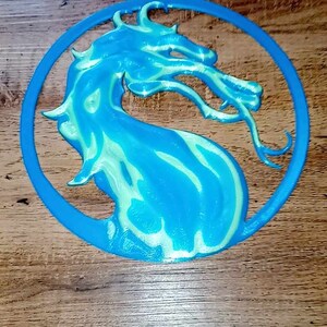 May include: A blue and green dragon logo with a circular outline. The dragon is facing left and has a curled tail.