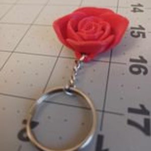 Könnte beinhalten: Ein leuchtend pinkfarbener Schlüsselanhänger in Rosenform mit einer silbernen Kette und einem Ring.