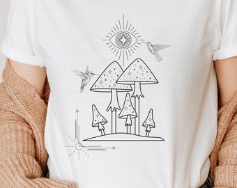 Unisex Mushroom Hummingbird T-Shirt, Mushroom Shirt, Magic Mushrooms Tee, Psychedelic Shirt, Self Care, Wellness, Gift For Her, Gift For Him