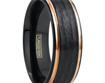 Custom Personalized Tungsten Ring, Hammered Finish Black Tungsten Wedding Band With Rose Gold Stepped Edges, Men & Women, Anniversary Gift