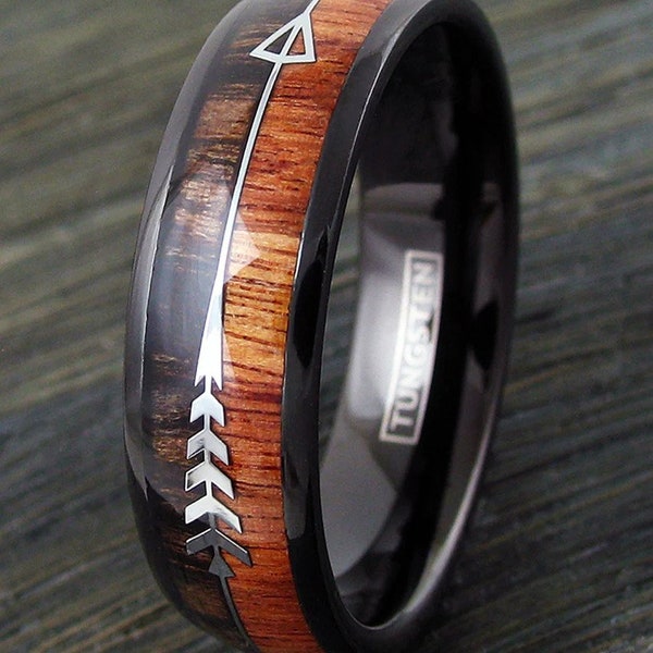 Custom Tungsten Ring, Black Tungsten Dome Ring With Koa Wood Inlay And Feathered Arrow, Men & Women, Anniversary Gift, Promise Ring For Him