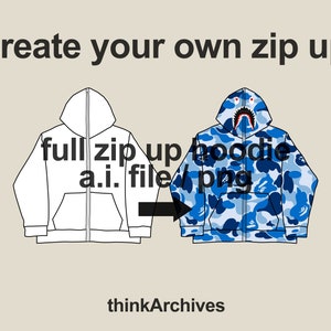 Streetwear Full Zip Up Hoodie Vorlage Vektor Mock Up, Tech Pack, Y2K, Adobe Illustrator, Procreate, PNG, SVG, Erstellen Sie Ihr eigenes Design