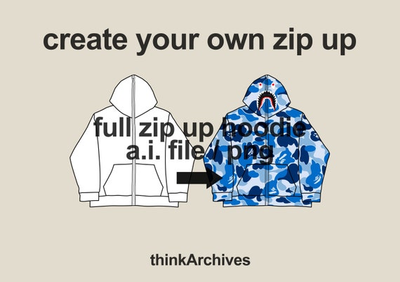 Streetwear Full Zip up Hoodie Template Vector Mock Up, Tech Pack