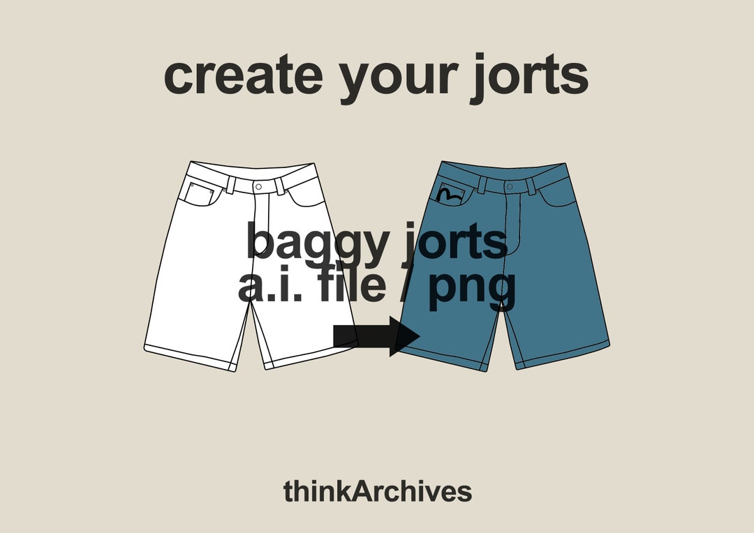 Streetwear Baggy Jean Shorts Jorts Template Vector Mock Up, Tech Pack