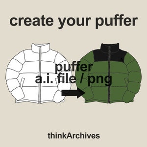 Könnte beinhalten: Erstelle dein eigenes Design für eine Steppjacke mit dieser digitalen Vorlage. Das Bild zeigt eine weiße Umrisszeichnung einer Steppjacke und eine grüne Steppjacke mit schwarzen Akzenten. Der Text "puffer a.i. file / png" ist im Bild enthalten.