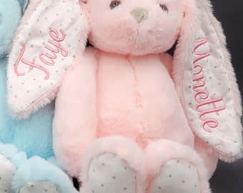 Personalized Easter Bunny, Name on Ear Bunny, Easter Basket Filler, Plush Bunny, Plush Rabbit, Long Ear Bunny, Blue, White, Gray, Pink