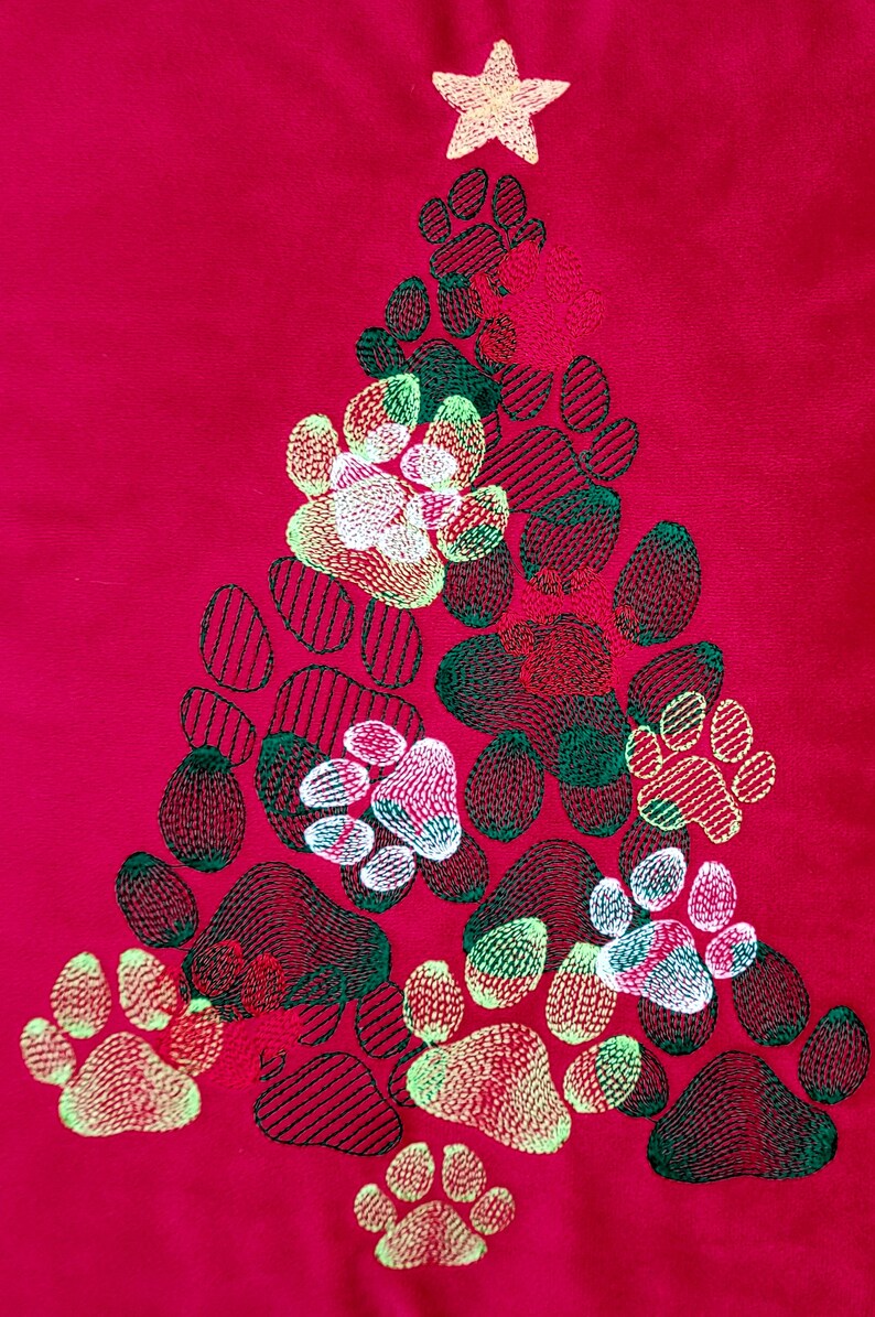 Dog Paw Print Christmas Tree 18 X 18 Red Embroidered Pillow FREE