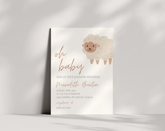Editable Minimalist Baby Shower Invitation - Oh Baby Neutral Sheep #SHD0002