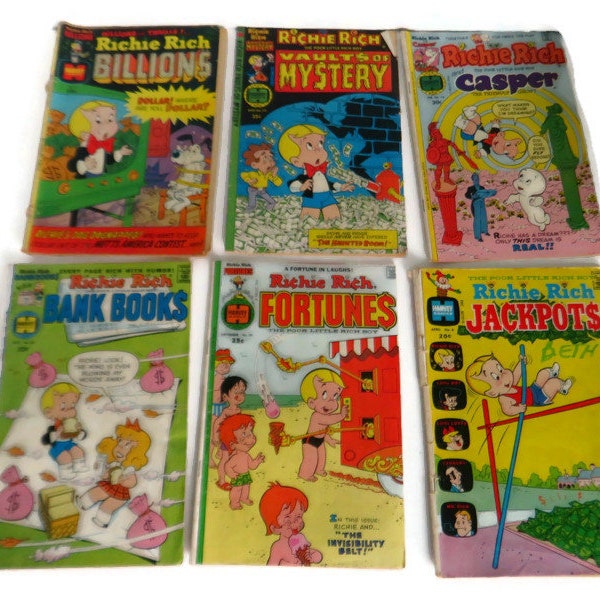 6 Vintage Harvey Comics 1970's Richie Rich 'the Poor Little Rich Boy' Comic Books Six Collectible Fun Reads of the Past