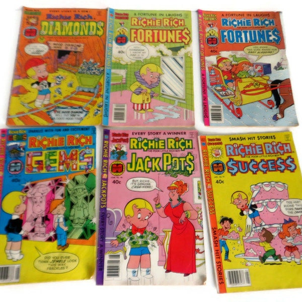Group of 6 Vintage Harvey World Comics 1976-1980 Richie Rich 'the Poor Little Rich Boy' Collectible Comic Books  Lots of Fun Reading