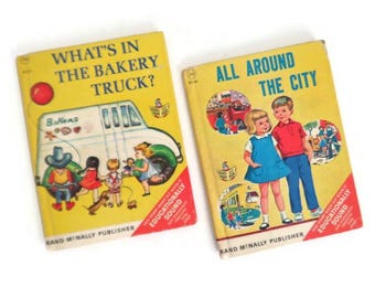 2 Vintage Books: #8146 All Around the City and 8151 What&#39;s in the Bakery Truck? Small Rand McNally Start-Right Elf Books Educationally Sound