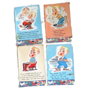 4 carteles vintage del Consejo Nacional de Lácteos 1957/1958 Carteles publicitarios de salud para el aula escolar/consultorio médico Imágenes divertidas con frases en rima