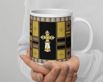 Ethiopian Cross Design White Glossy Mug – Unique Cultural Art Gold