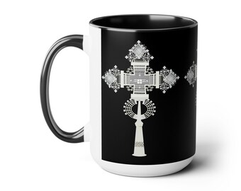 Ethiopian Cross Coffee Mug: Two-Tone Ceramic Mug, 15oz