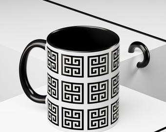 Greek Key Coffee Mug: Modern Meander Pattern, Black & White Ceramic