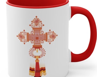 Ethiopian Cross Coffee Mug: Accent Handle Ceramic Mug - 11oz