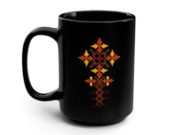 Ethiopian Cross Coffee Mug - Black Ceramic 15oz