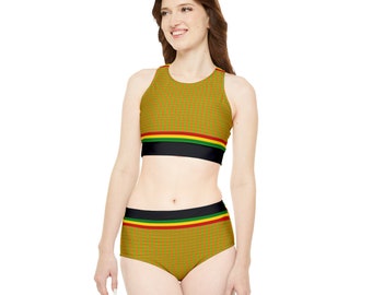 Set bikini sportivo con spalline Rasta, top bikini corto a triangolo con spalline e collo alto, fondo bikini a vita alta con laccetti laterali