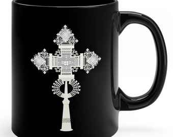 Ethiopian Cross Coffee Mug - Black Ceramic Mug