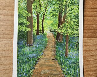 Original hand painted bluebell meadow, original artwork, postcard painting, floral art, bluebells, woodland art, nature painting, gift, home