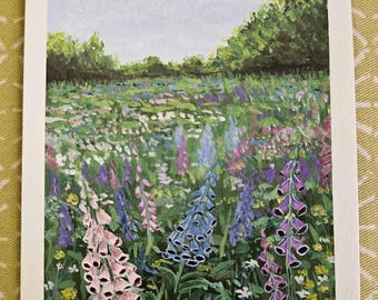 Original hand painted wildflower and foxgloves meadow, original artwork, postcard painting, floral art, foxgloves, nature painting, gift
