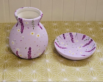Purple daisy ceramic set, jewellery dish, jewellery bowl, daisy trinket dish and vase, floral vase, daisy, hand painted, gift, gifts for her