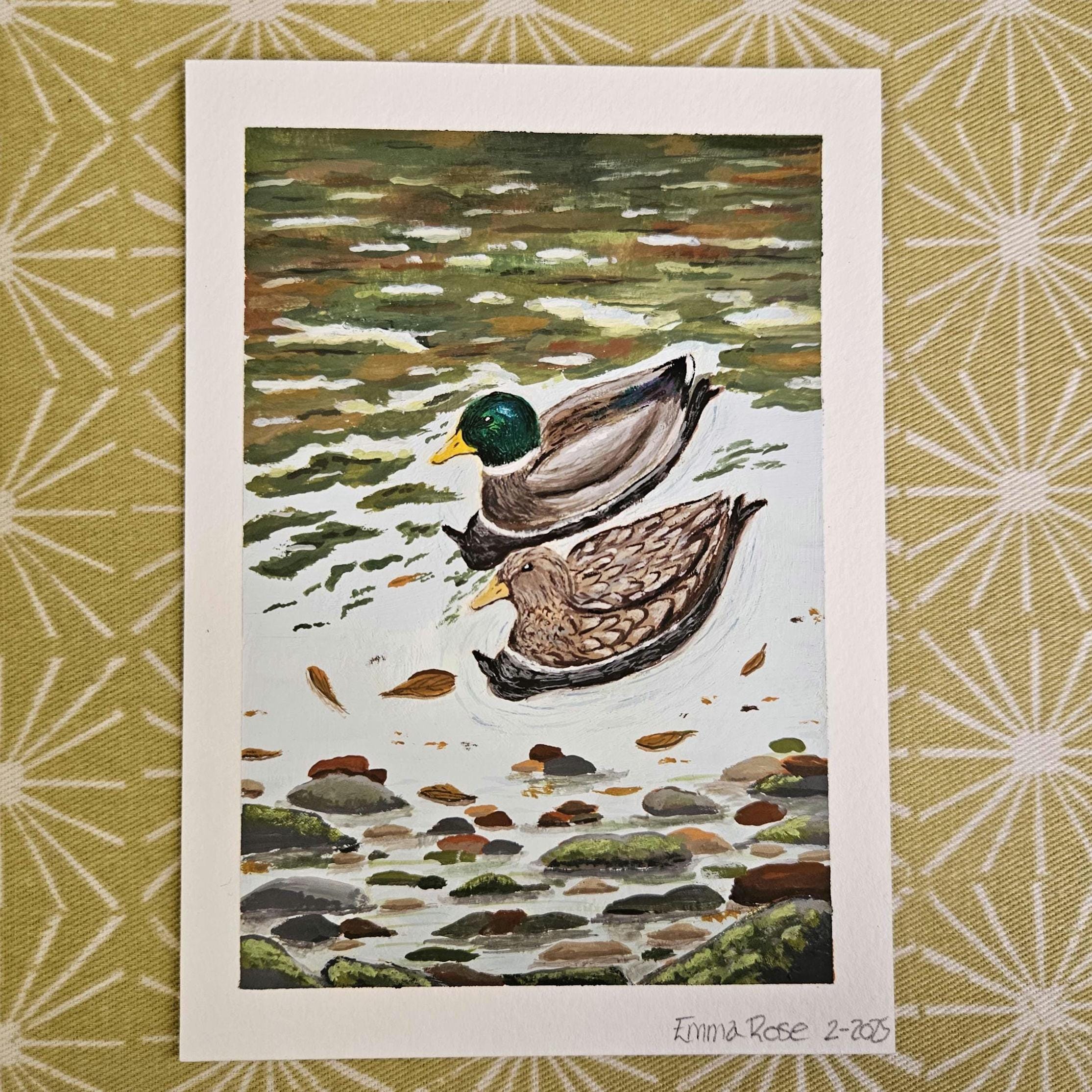 Original painting, duck painting, duck pond, miniature artwork, ducks in a pond, postcard painting, gift